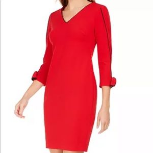 Calvin Klein V-Neck Piping -Trim Bow Sleeve Dress 2P Red